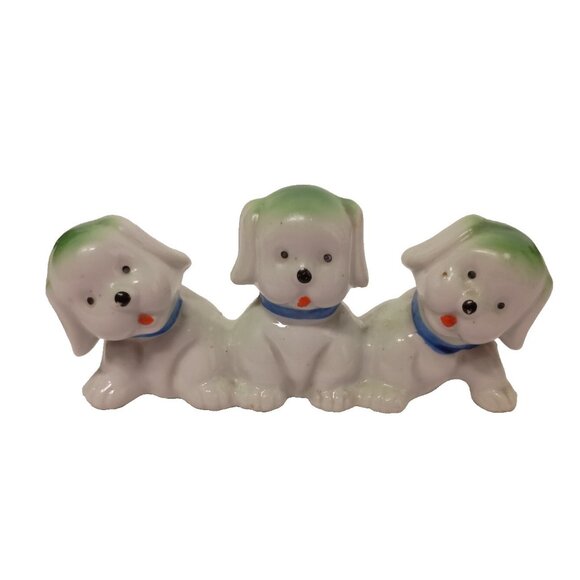Vintage Japanese Pottery Poppies Poppy Dog Trio Ceramic Figurine - Picture 1 of 10